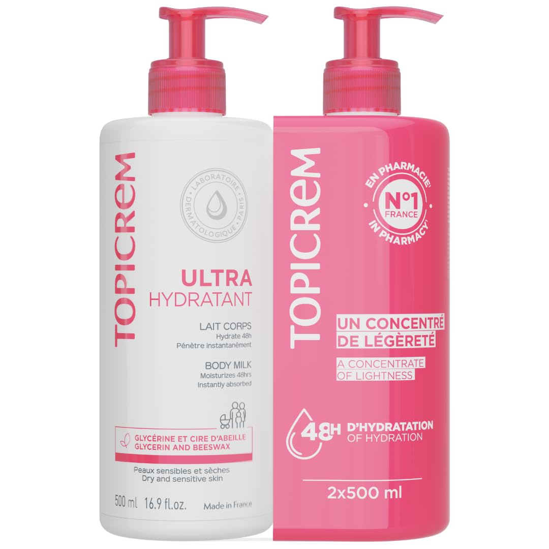 Topicrem front packaging showing twin 500ml bottles and product benefits