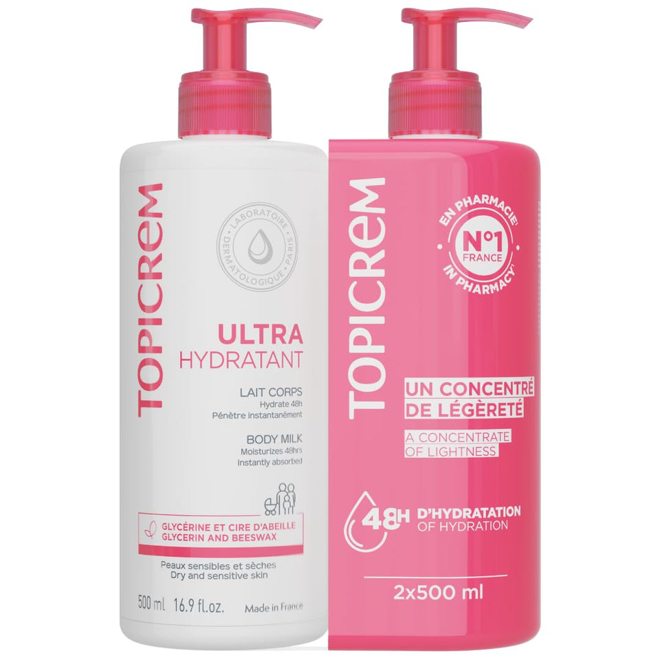 Topicrem front packaging showing twin 500ml bottles and product benefits
