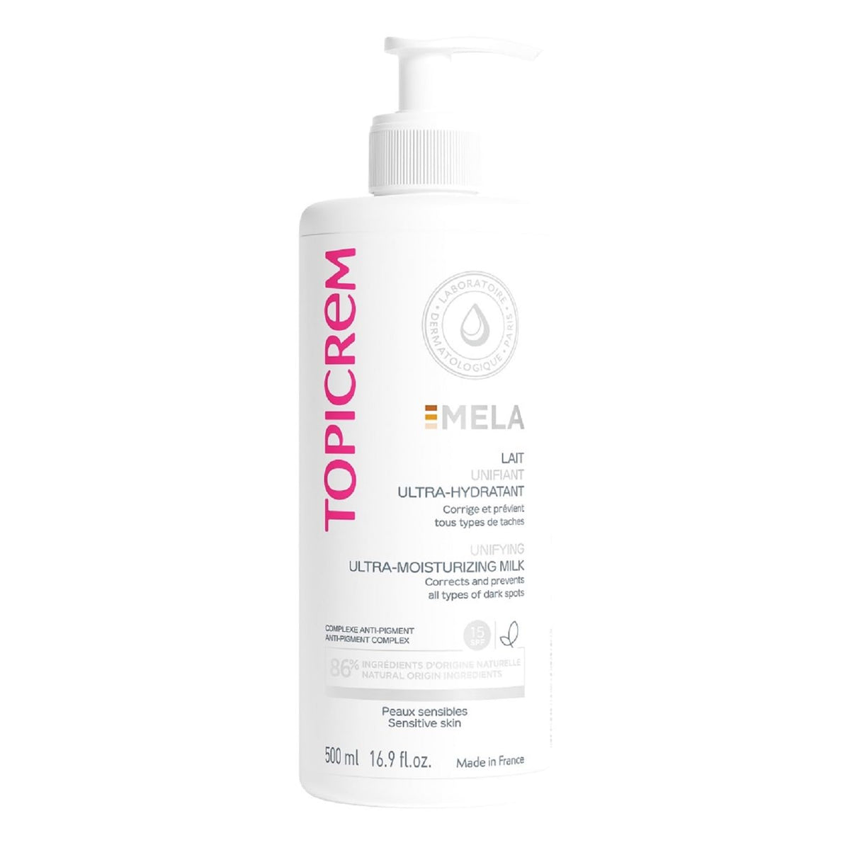 Topicrem front packaging showing 500ml bottle and branding, clear product identity and benefit