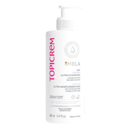 Topicrem front packaging showing 500ml bottle and branding, clear product identity and benefit