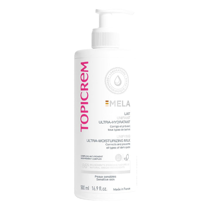 Topicrem front packaging showing 500ml bottle and branding, clear product identity and benefit