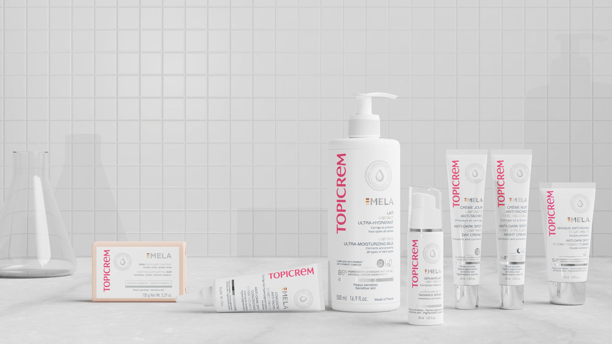 Topicrem bottle on bathroom shelf in lifestyle setting suggesting daily routine comfort