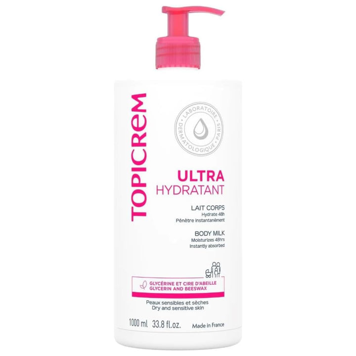 Topicrem front packaging displaying 1000ml bottle and product name, highlighting value