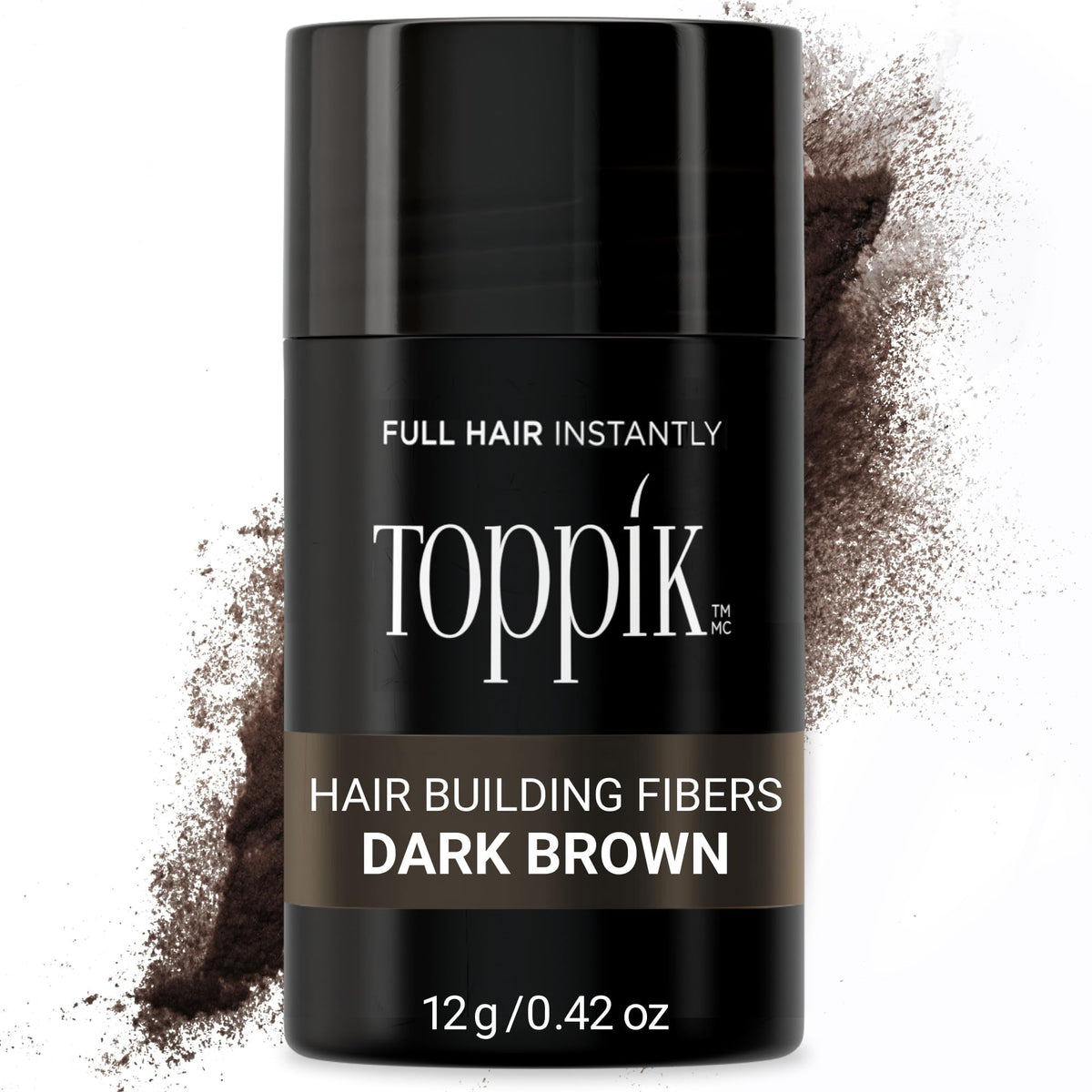 Toppik front packaging displaying Dark Brown 12g and brand logo, quick coverage benefit