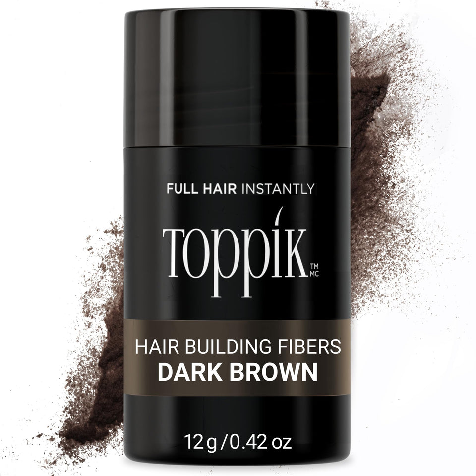 Toppik front packaging displaying Dark Brown 12g and brand logo, quick coverage benefit