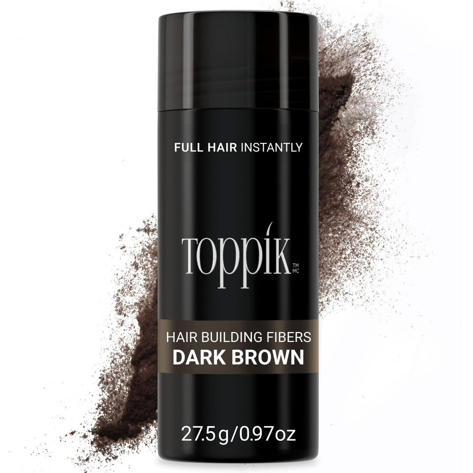Toppik dark brown front packaging showing jar and brand benefits