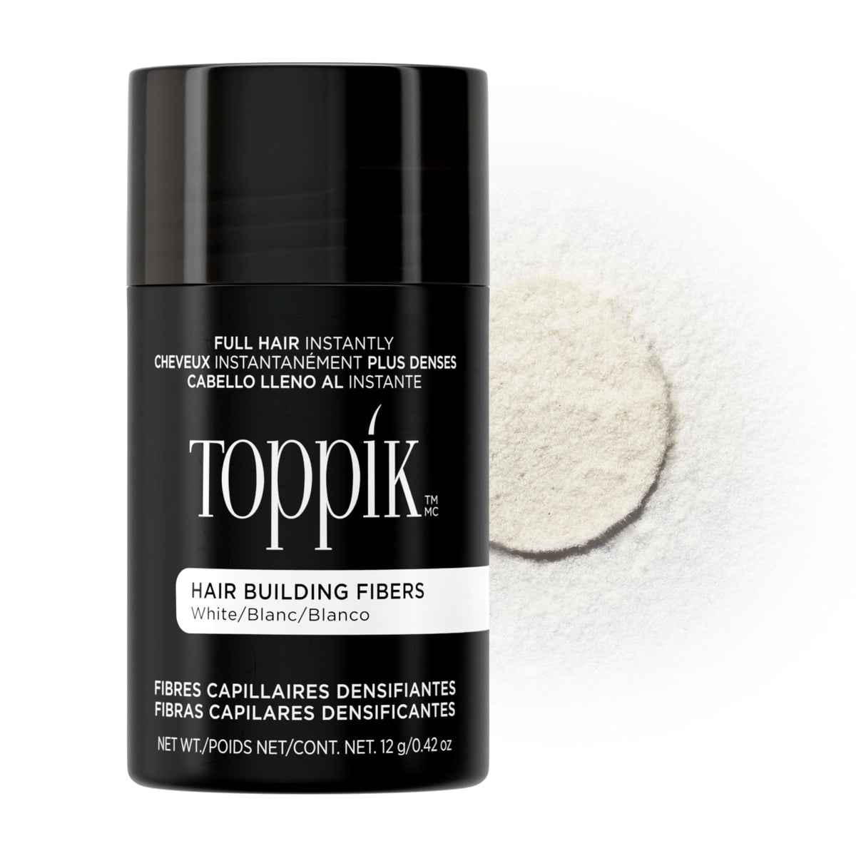 TOPPIK front packaging white 12g shows compact bottle and clear label benefit