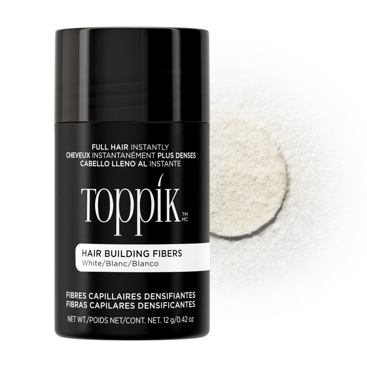 TOPPIK front packaging white 12g shows compact bottle and clear label benefit