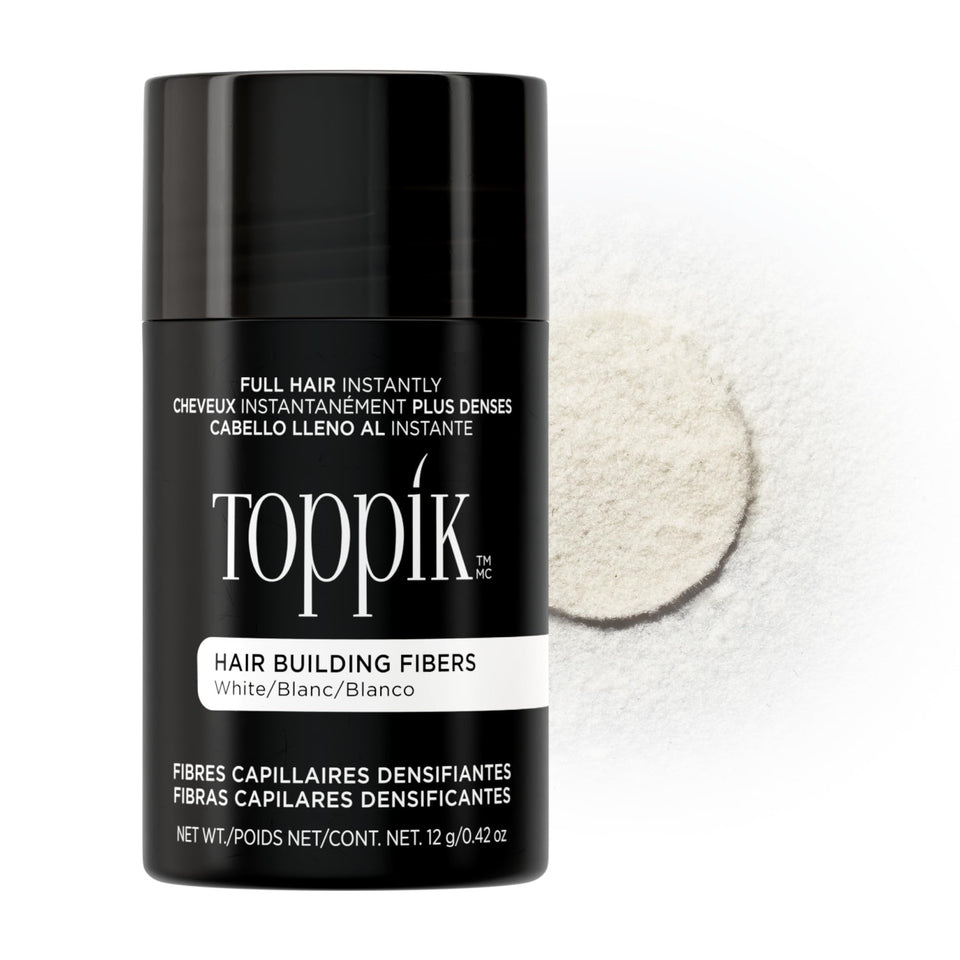 TOPPIK front packaging white 12g shows compact bottle and clear label benefit