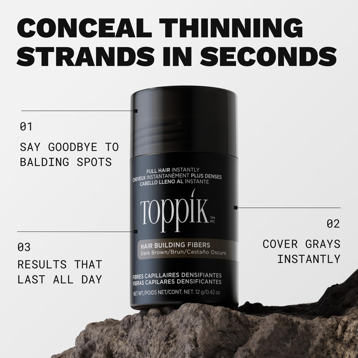Close-up of TOPPIK keratin fiber texture demonstrating natural blending benefit