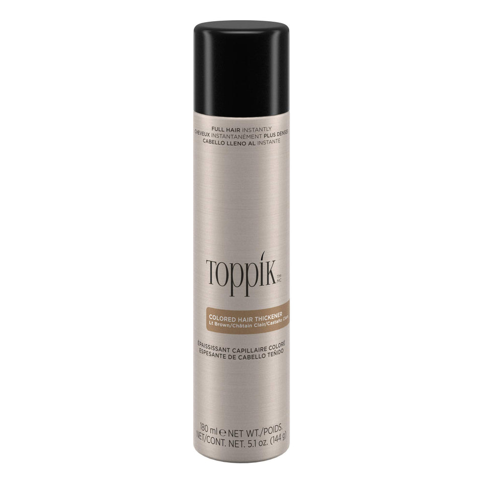 TOPPIK front bottle showing light brown spray and clear product branding for quick touch-ups