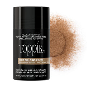 TOPPIK front packaging of Light Brown fibers showing quick fuller-hair benefit