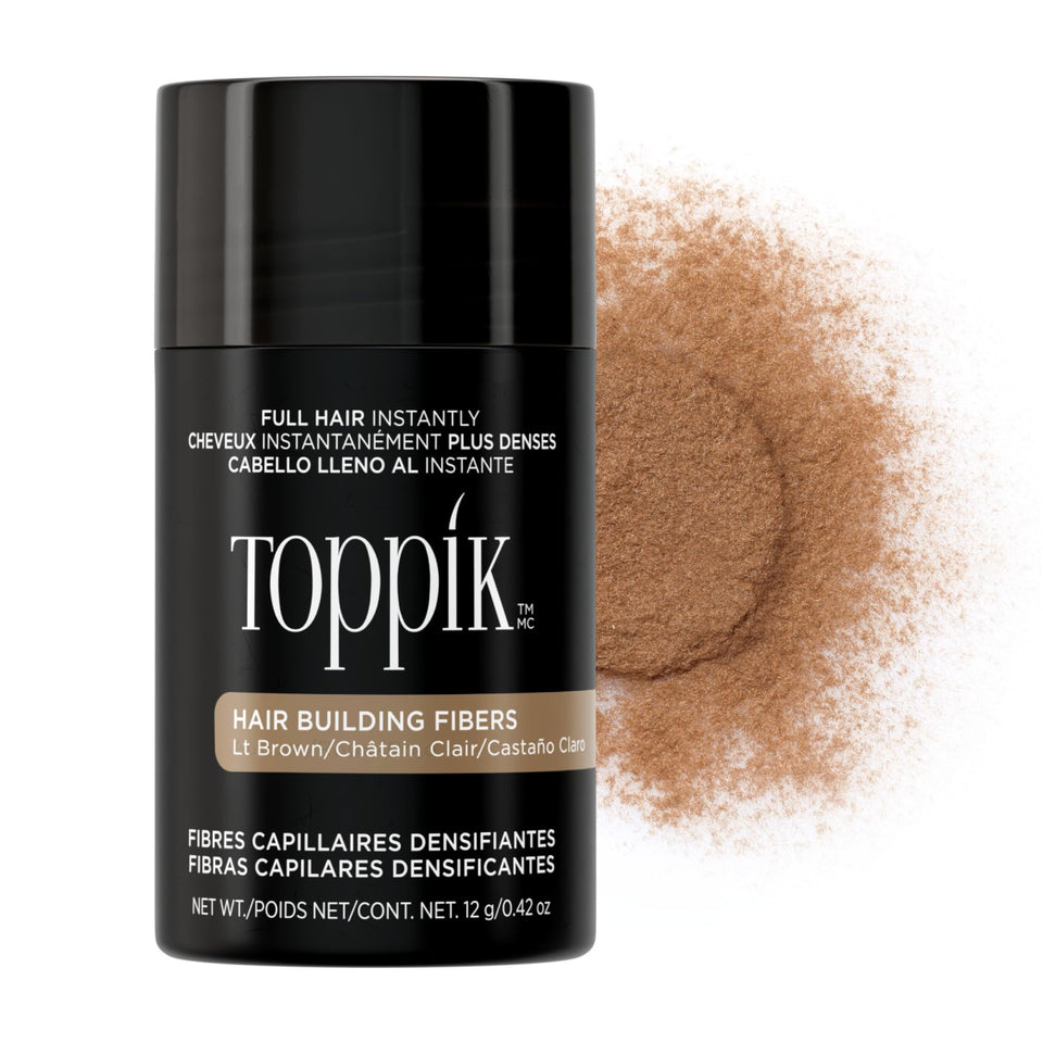 TOPPIK front packaging of Light Brown fibers showing quick fuller-hair benefit