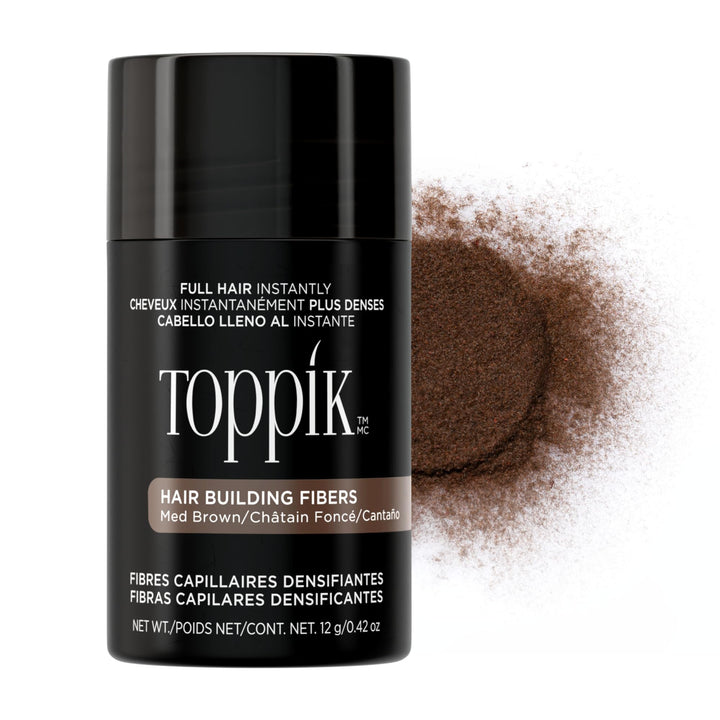 TOPPIK front packaging showing medium brown fibers and 12g size benefit