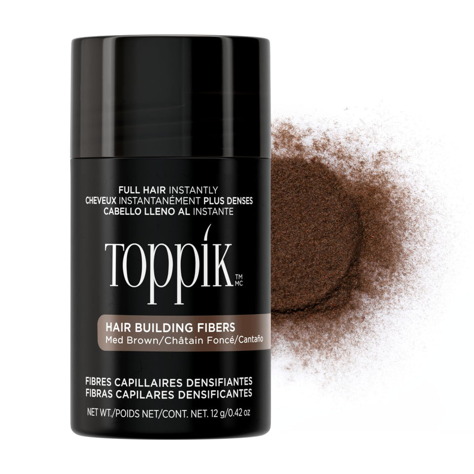 TOPPIK front packaging showing medium brown fibers and 12g size benefit