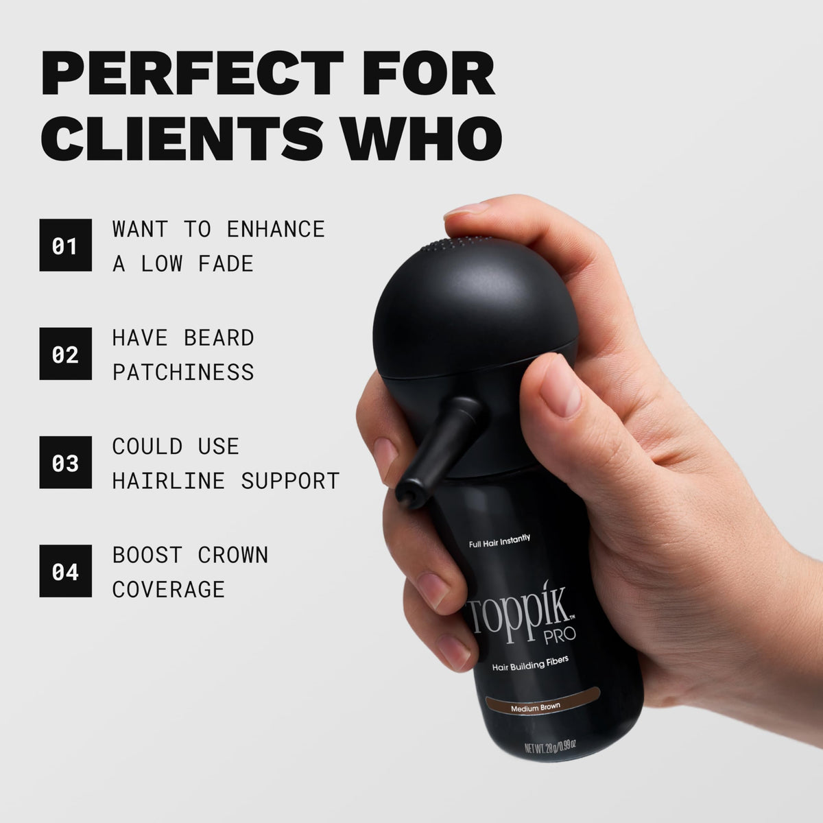 Toppik PRO applied to scalp area demonstrating fuller-looking hair coverage