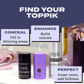 TOPPIK with hair fibers combo demonstrating layered use for added volume and texture