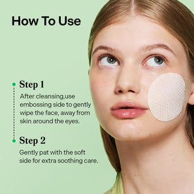 Hand wiping cheek with Torriden pad showing calming and oil control benefit