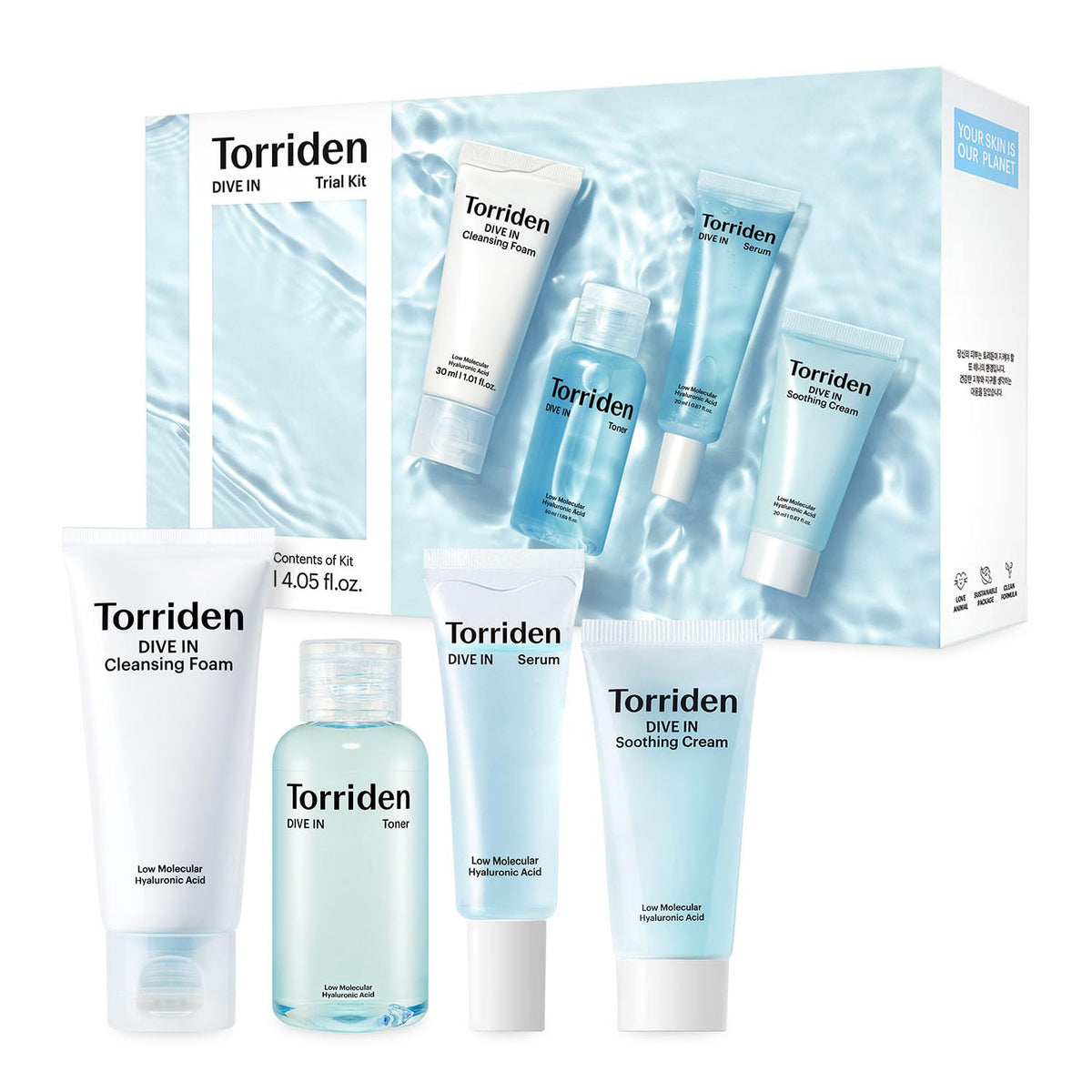 Torriden front packaging showing travel-friendly kit and clear contents