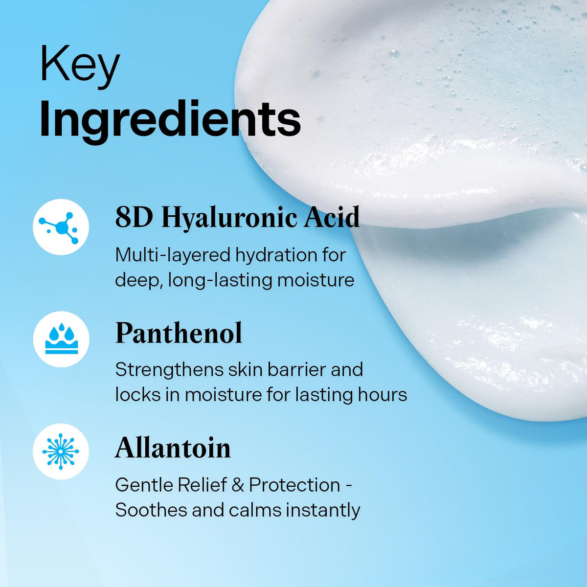 Torriden ingredient display with hyaluronic acid and soothing actives