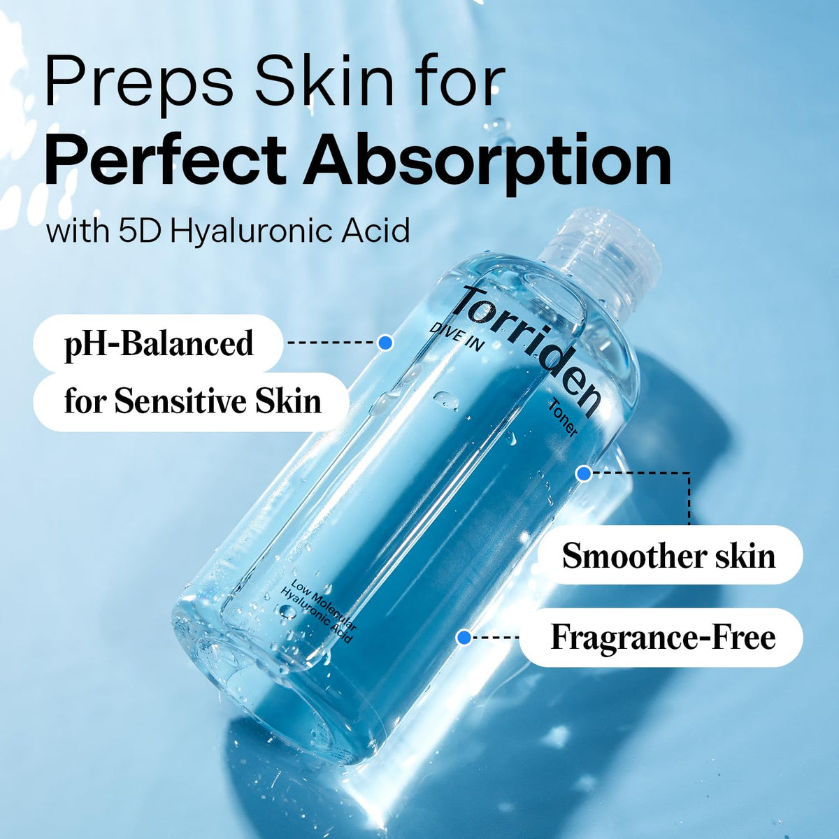 Torriden pouring watery toner from open cap for easy application
