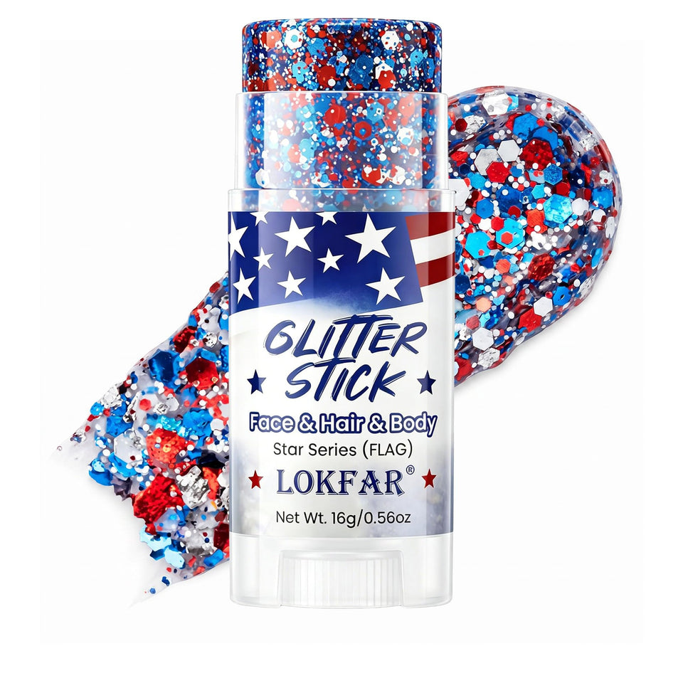 TOSOUATOP front packaging showing three red white blue glitter sticks and clear caps, vibrant display
