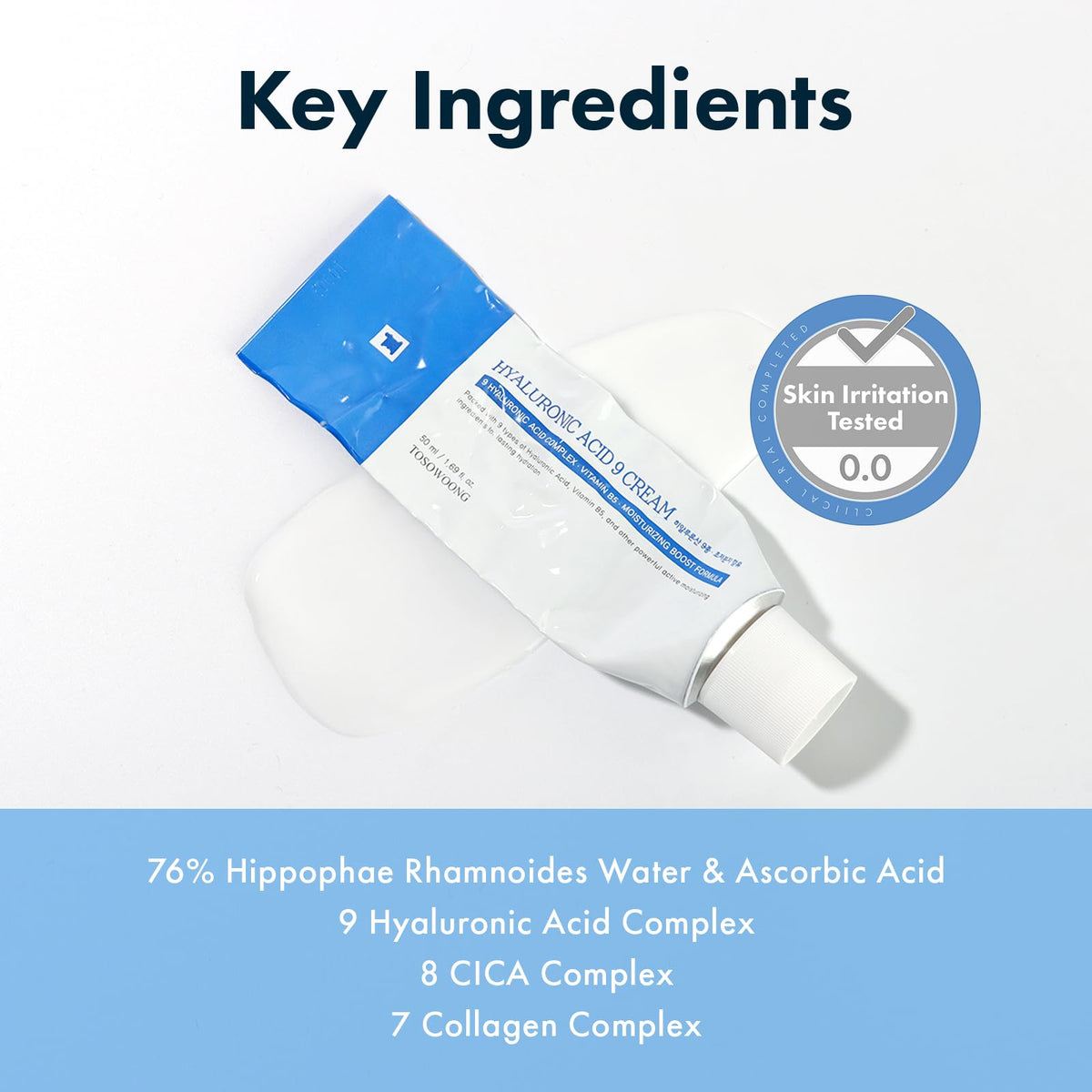 TOSOWOONG cream on hand demonstrating amount per use and helping viewers gauge product scale