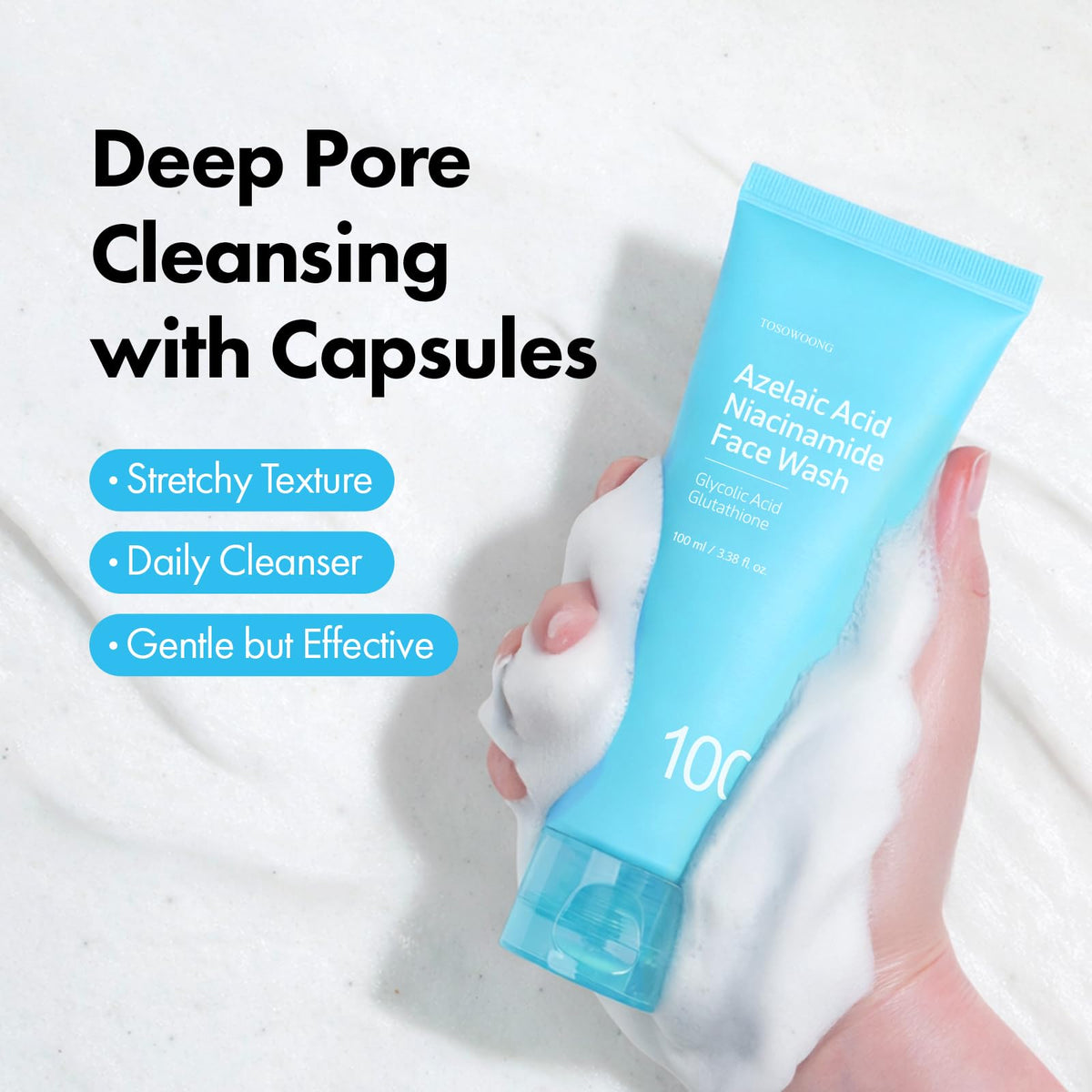 TOSOWOONG label close-up highlighting 99% azelaic acid and centella complex