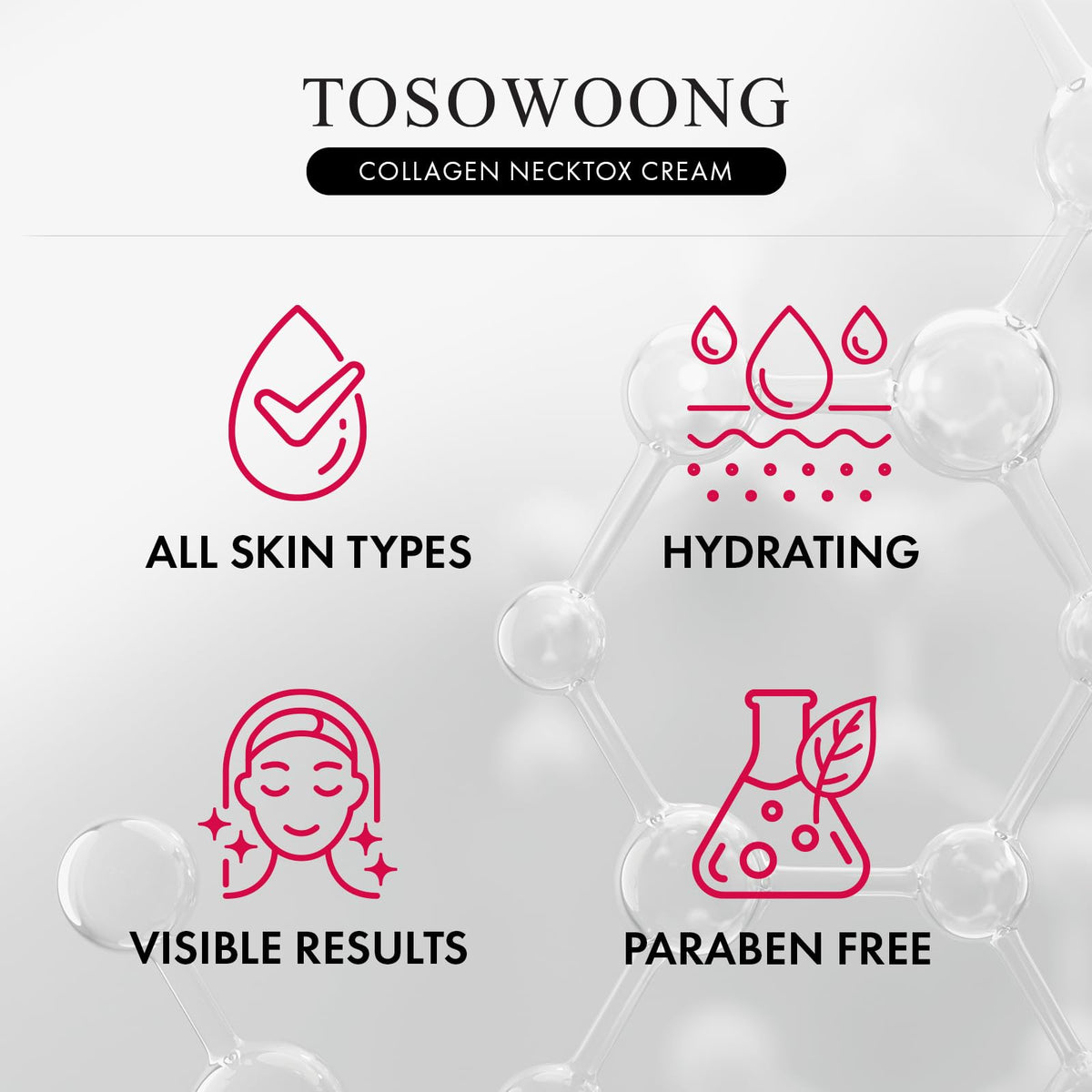 TOSOWOONG ingredients label closeup showing collagen and hyaluronic acid benefits