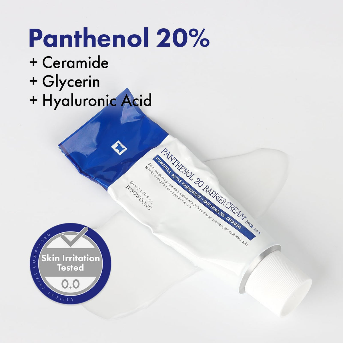 TOSOWOONG ingredient label highlighting panthenol and ceramides benefits