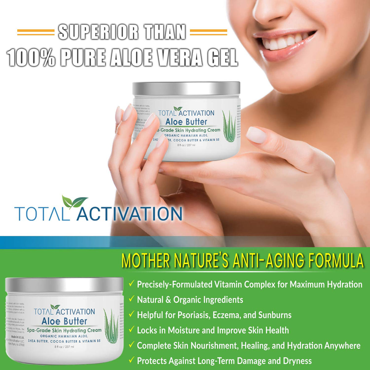 Total Activation used on sun-exposed skin, demonstrating soothing after-sun comfort