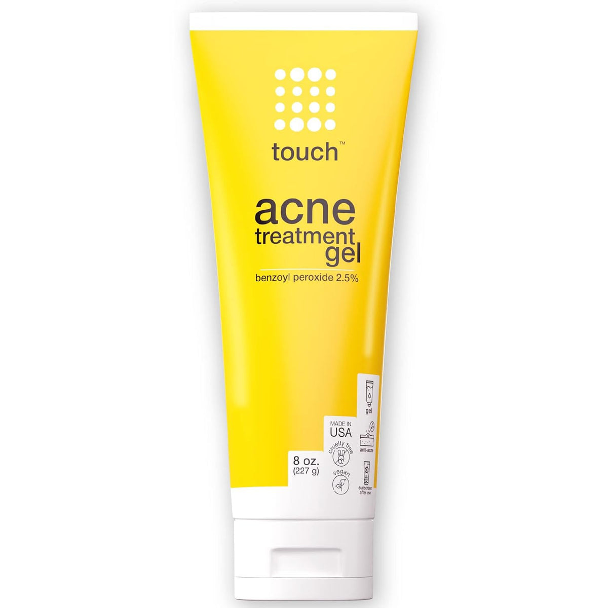 TOUCH front packaging of 2.5% benzoyl peroxide gel showing clean design and size