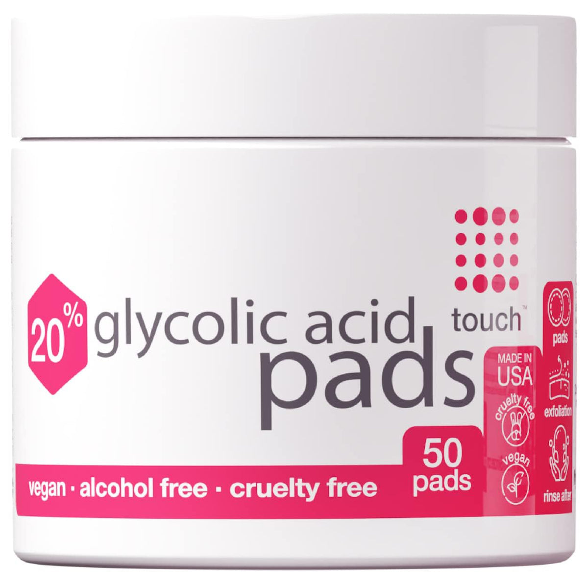 TOUCH front packaging showing 50-count glycolic pads and benefits