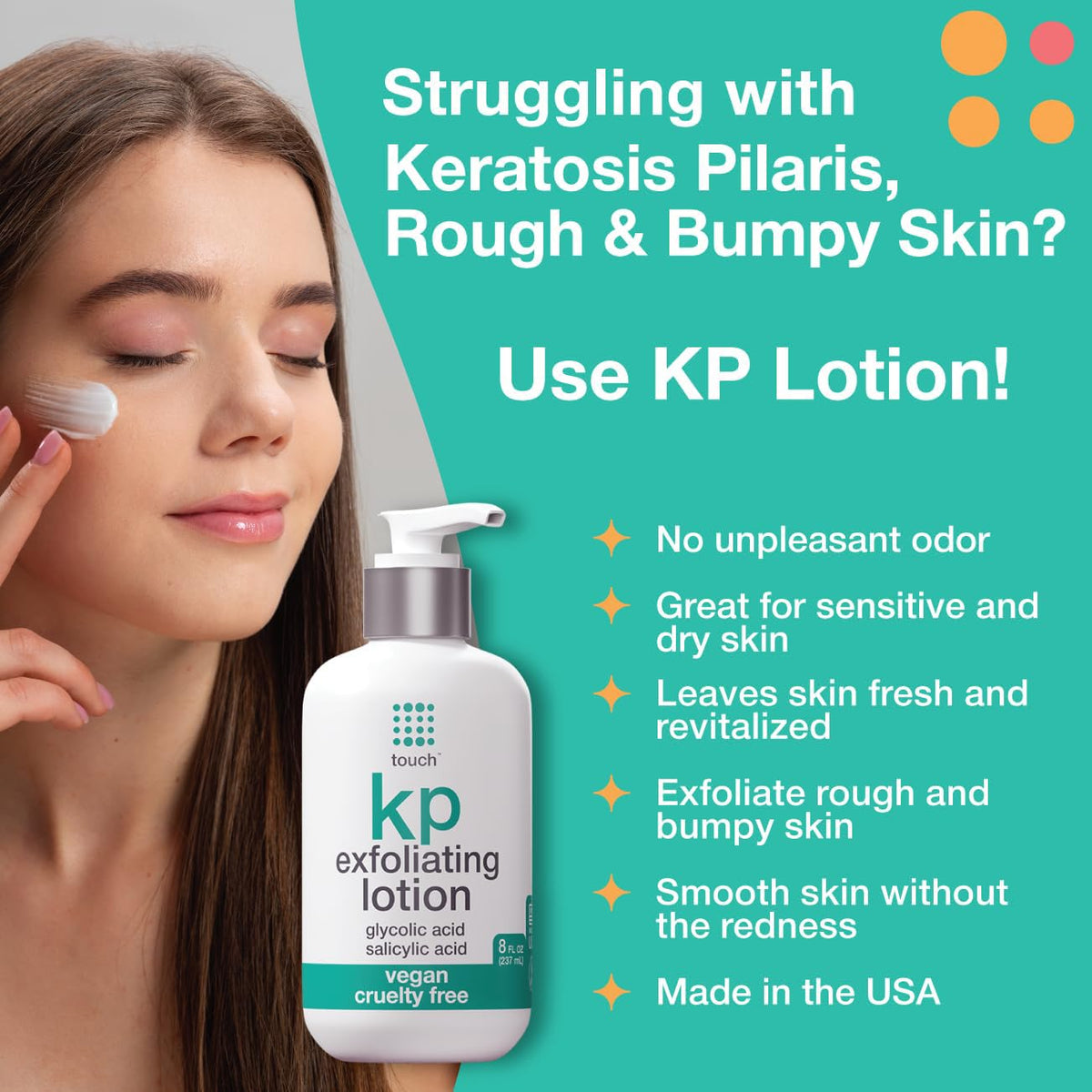 TOUCH pump dispensing lotion to highlight smooth texture and fast absorption