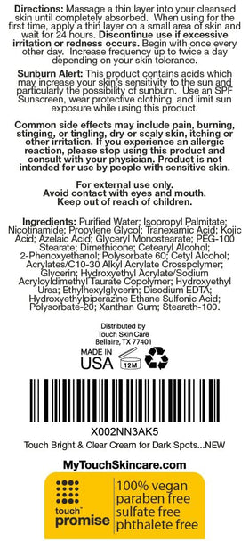 TOUCH ingredient label close-up highlighting active complex and clean formula