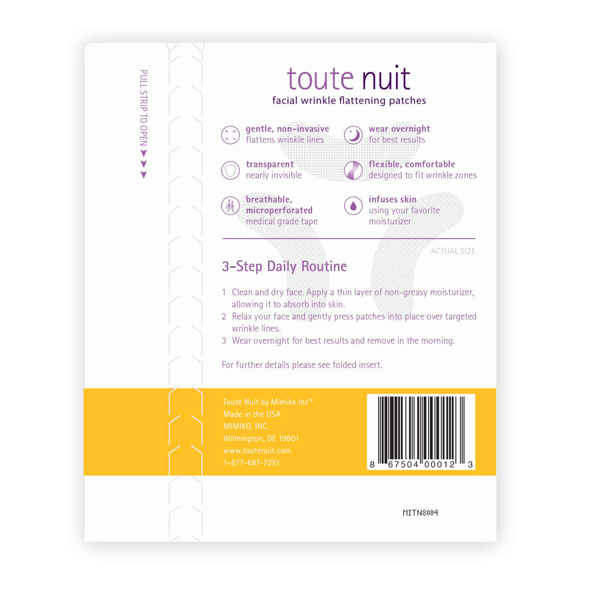 Toute Nuit patch applied on forehead demonstrating targeted wrinkle control benefit