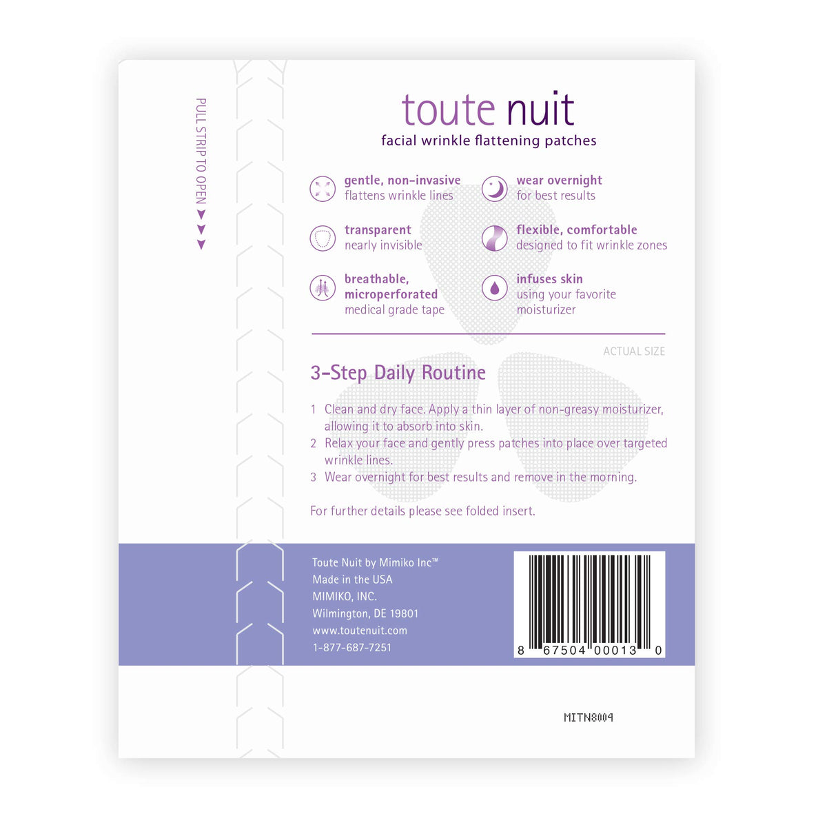 Toute Nuit patch applied to forehead demonstrating targeted wrinkle smoothing