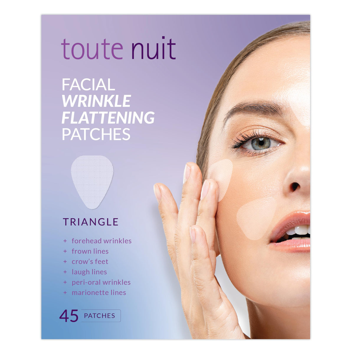 Toute Nuit front packaging showing 45 triangle wrinkle patches and product benefits