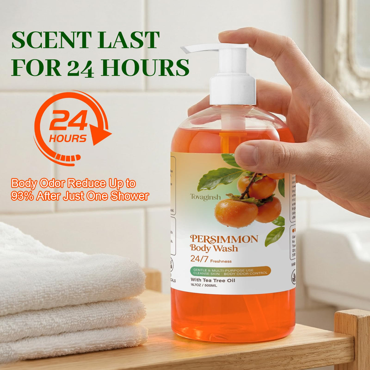 tovaginsh bottle staged with feet and towel illustrating odor control use