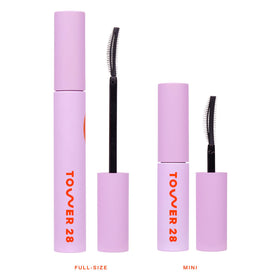 Tower 28 size comparison next to a lipstick indicating travel-ready convenience