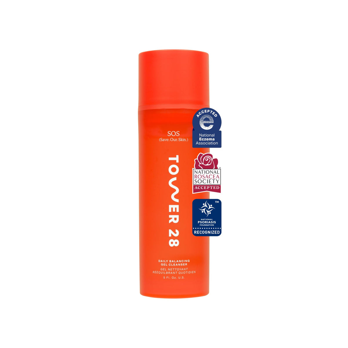 Tower 28 front bottle showing label and size, clear benefits for sensitive skin