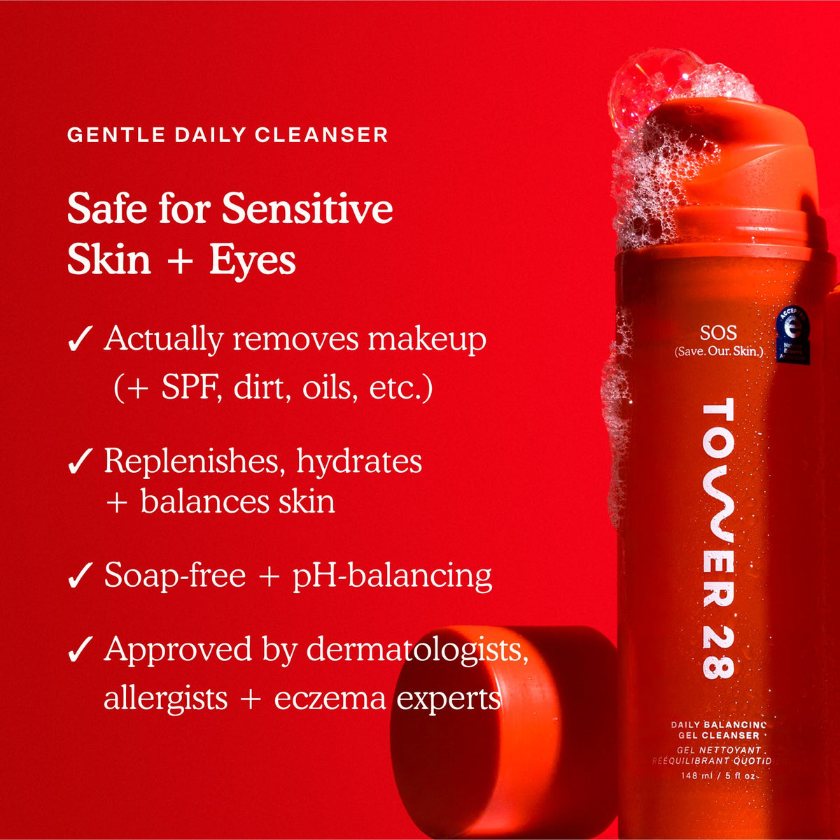 Tower 28 gel texture close-up, moisturizing formula visibly smooths skin