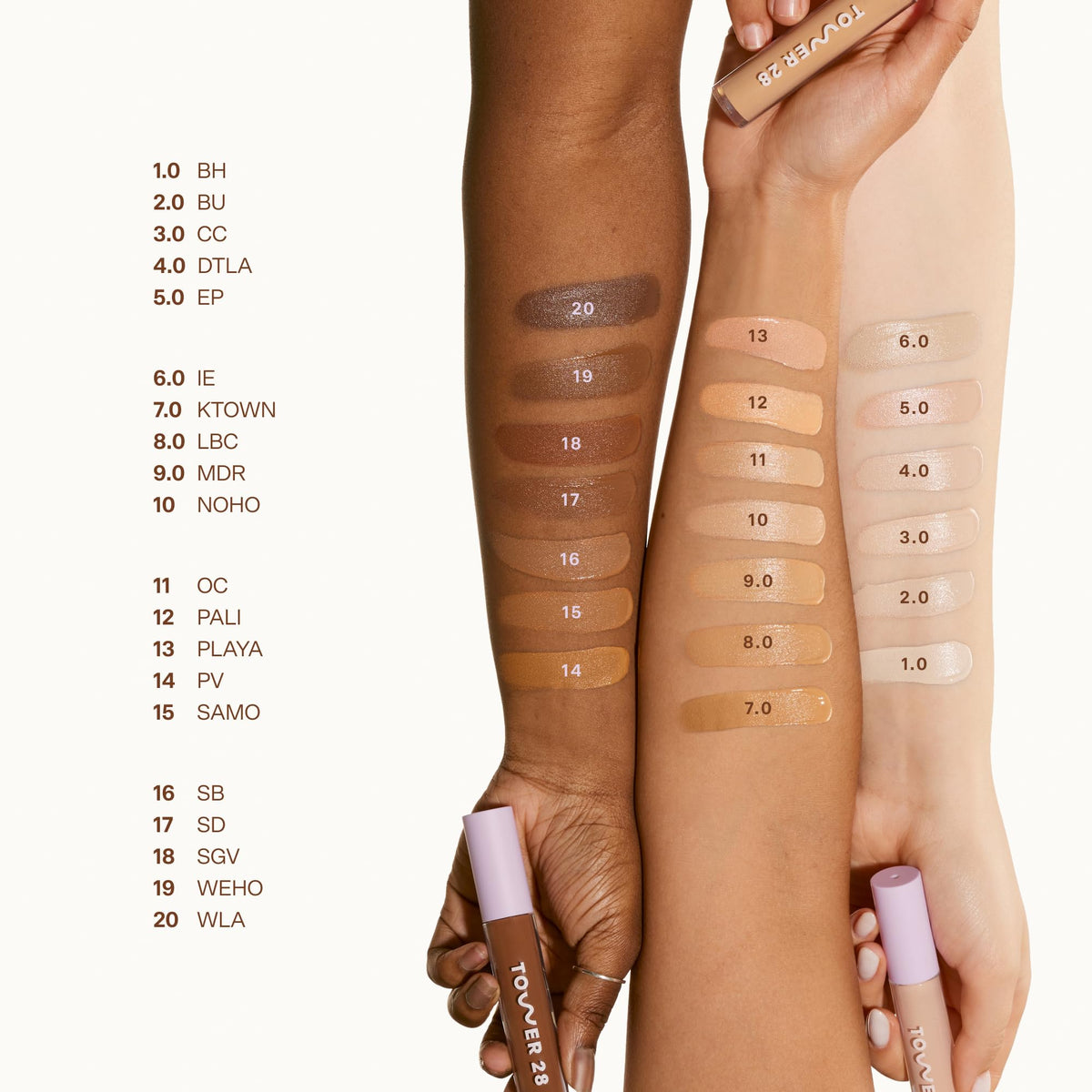 Tower 28 texture swiped on skin to show creamy serum-like finish and hydrating effect