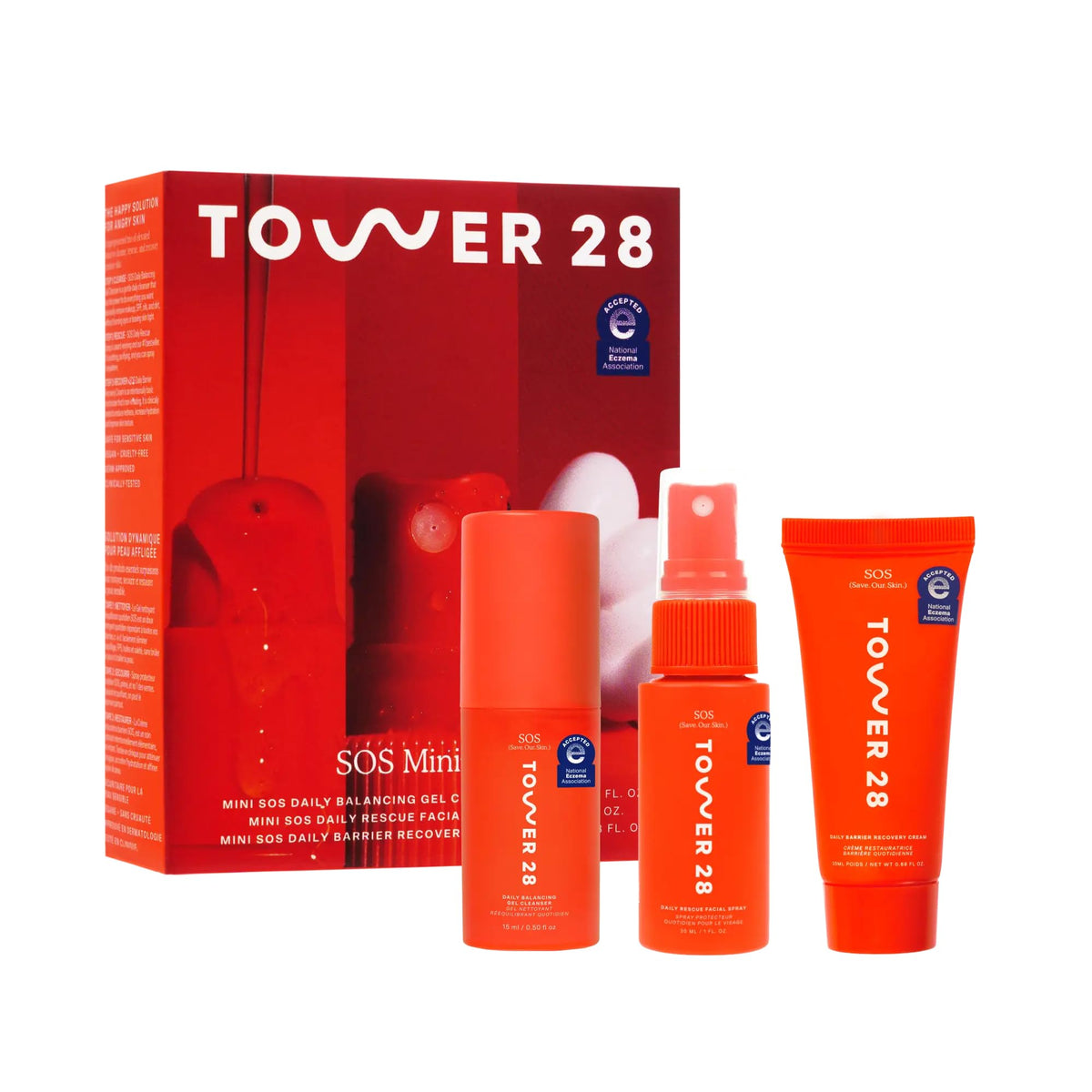 Tower 28 travel kit front packaging showing TSA-approved mini sizes and convenience