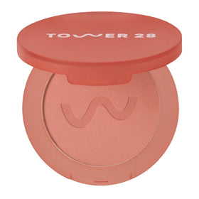 Tower 28 front pan of GetSet Long Beach Iced Tea blush showing matte finish benefit