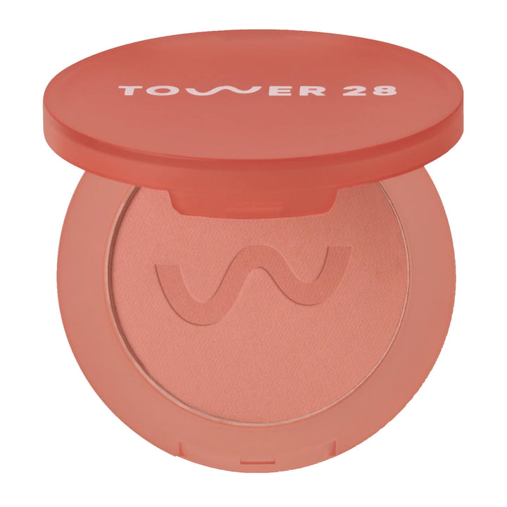 Tower 28 front pan of GetSet Long Beach Iced Tea blush showing matte finish benefit