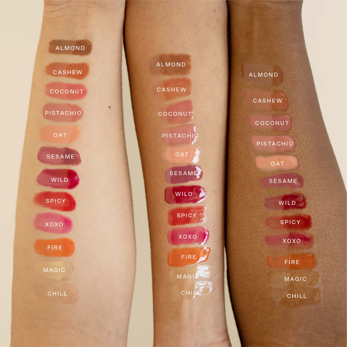 tower 28 gloss worn on lips showing sheer pink shine and plumping look