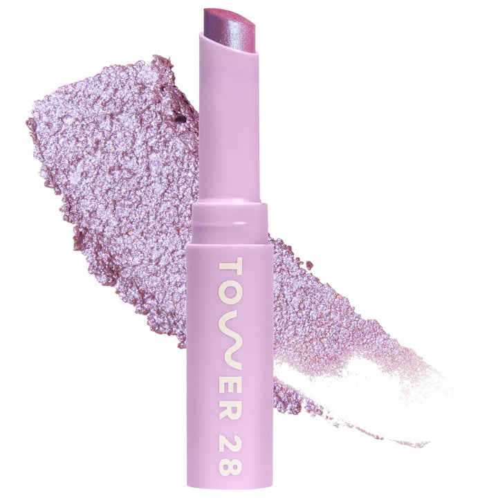 Tower 28 GoGo Garden stick front view showing bright purple shimmer and portable design