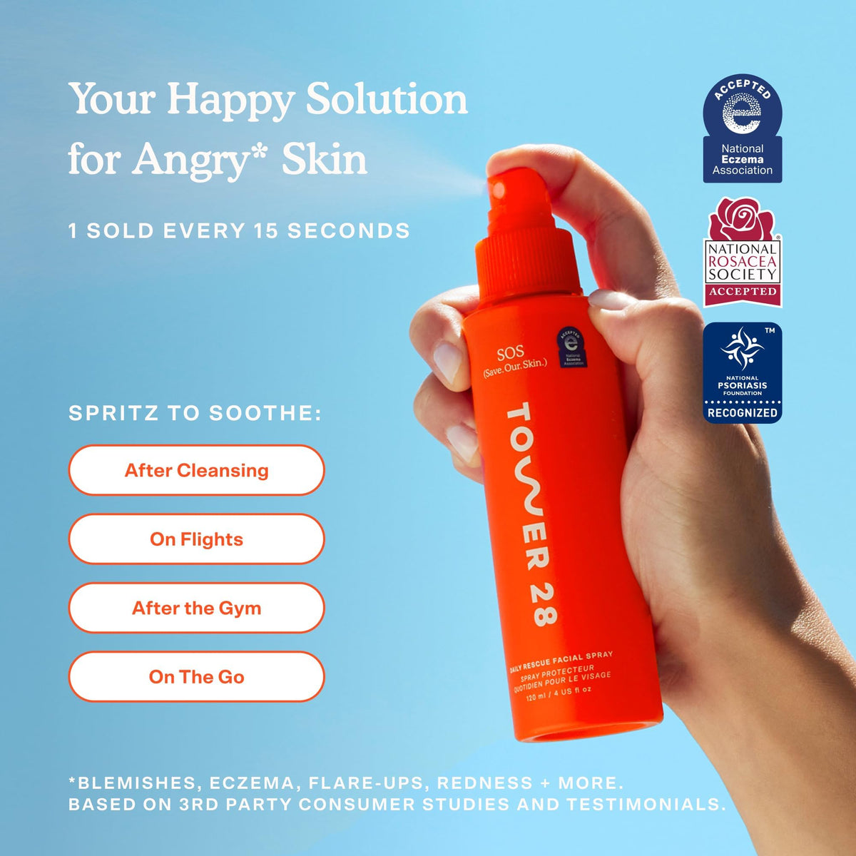 Tower 28 bottle placed on a bathroom shelf implying daily skincare integration