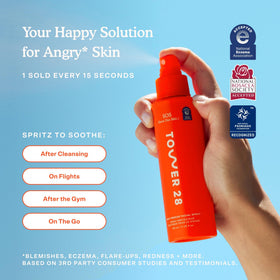 Tower 28 bottle placed on a bathroom shelf implying daily skincare integration